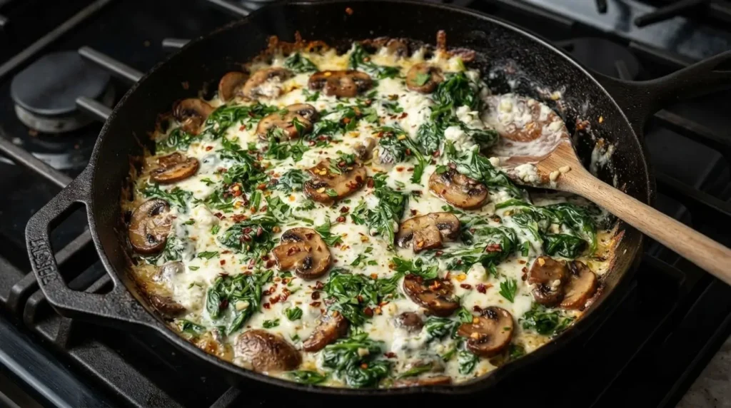 Sautéed cremini mushrooms and baby spinach mixing into a creamy ricotta cheese sauce in a skillet.