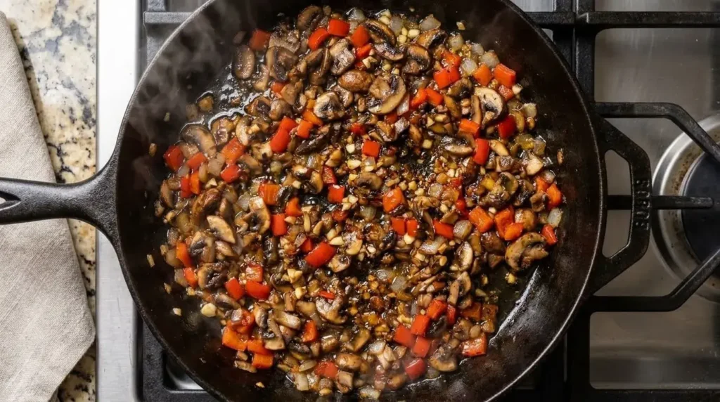 Sautéing minced cremini mushrooms and red bell pepper in a skillet for vegan meatballs.