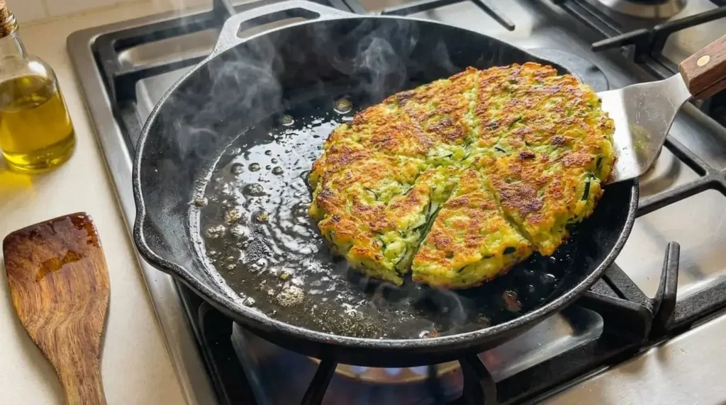 Searing a crustless zucchini galette in a cast iron skillet with olive oil.