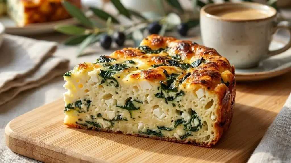 A tall slice of fluffy cottage cheese and spinach frittata showing a cake-like interior crumb and golden cheesecrust top on a wooden board.