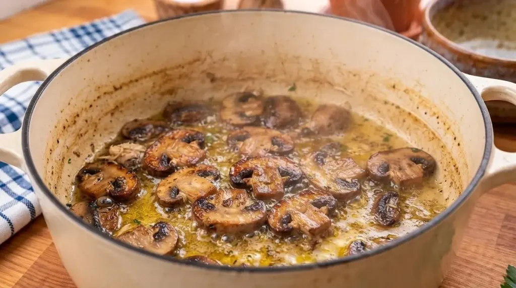 Slicing Cremini mushrooms searing in extra virgin olive oil inside a Dutch oven.