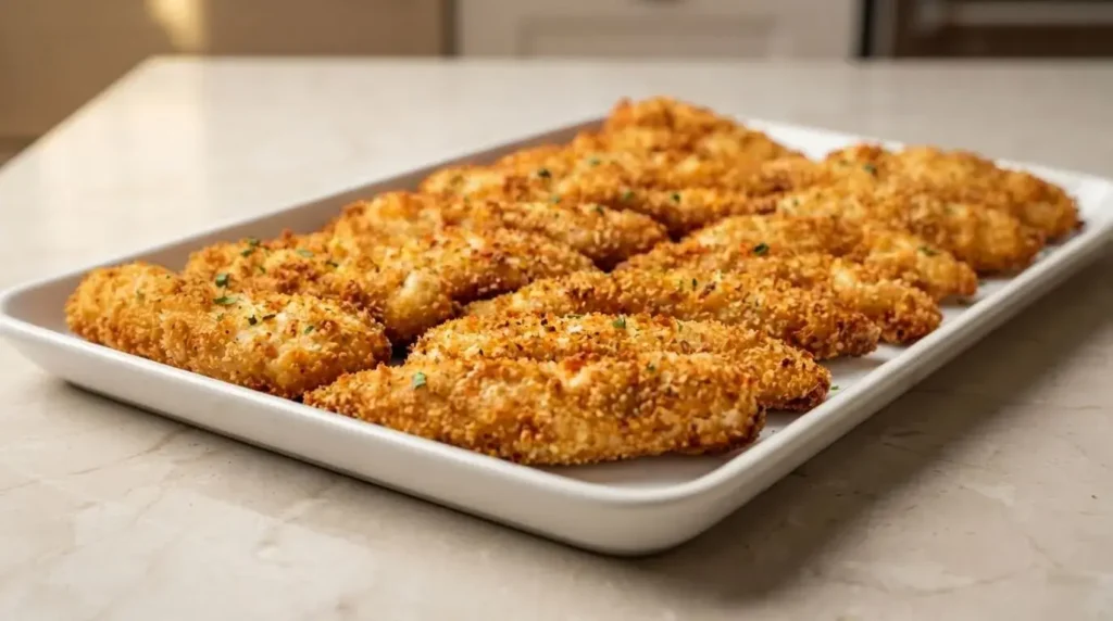 Golden crispy buttered ranch chicken strips garnished with chopped parsley on a white rectangular ceramic platter.