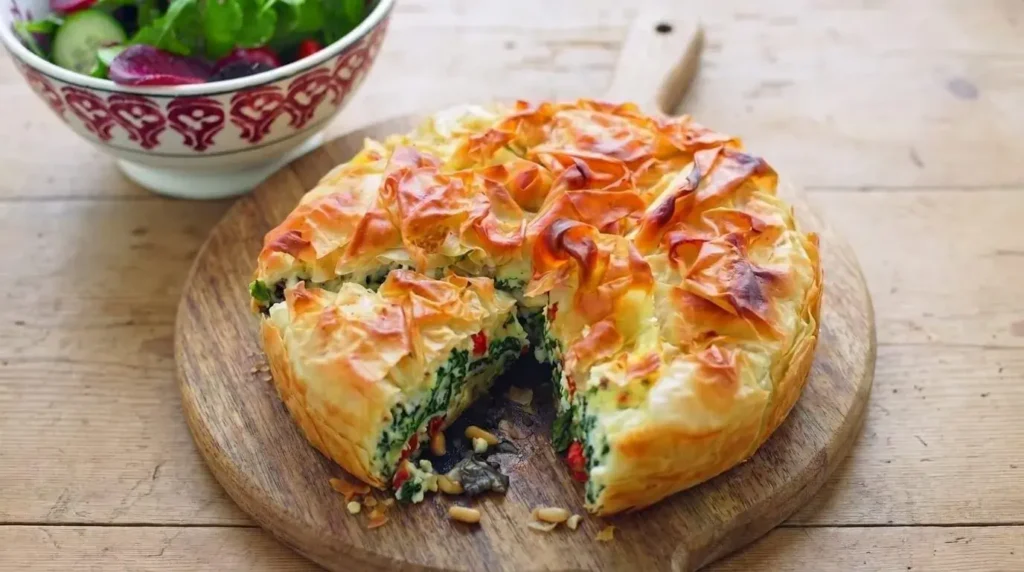 A sliced golden-brown one-pan feta filo tart on a wooden board showing spinach, feta, and sun-dried tomato filling.