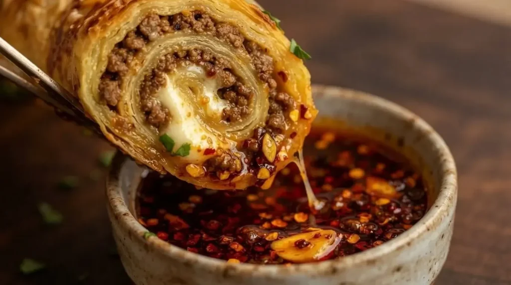 Dipping a sliced crispy beef stuffed tortilla roll pinwheel into vibrant red harissa chili oil sauce.