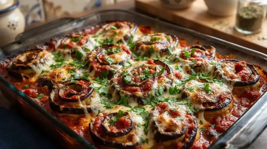 Baked eggplant roll-ups with marinara and melted mozzarella topped with fresh parsley in a baking dish.