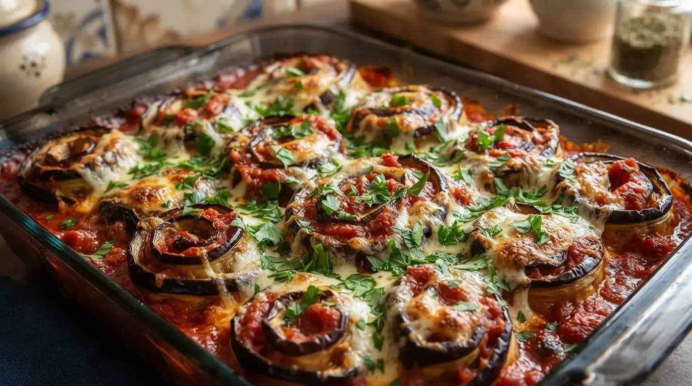 Baked eggplant roll-ups with marinara and melted mozzarella topped with fresh parsley in a baking dish.