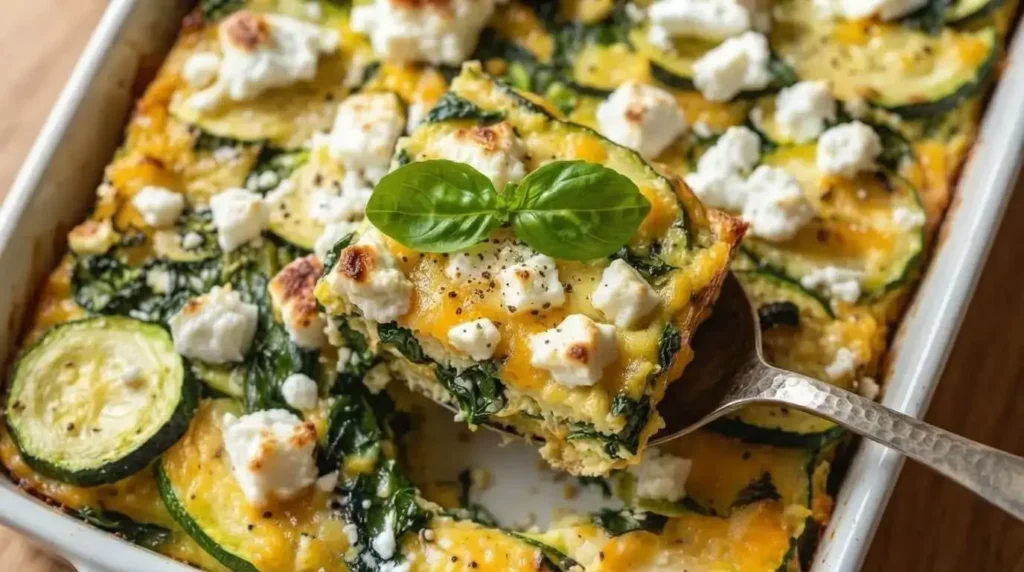 Baked zucchini, spinach and feta casserole in a white ceramic dish topped with melted golden cheese, crumbled white feta, and fresh basil.