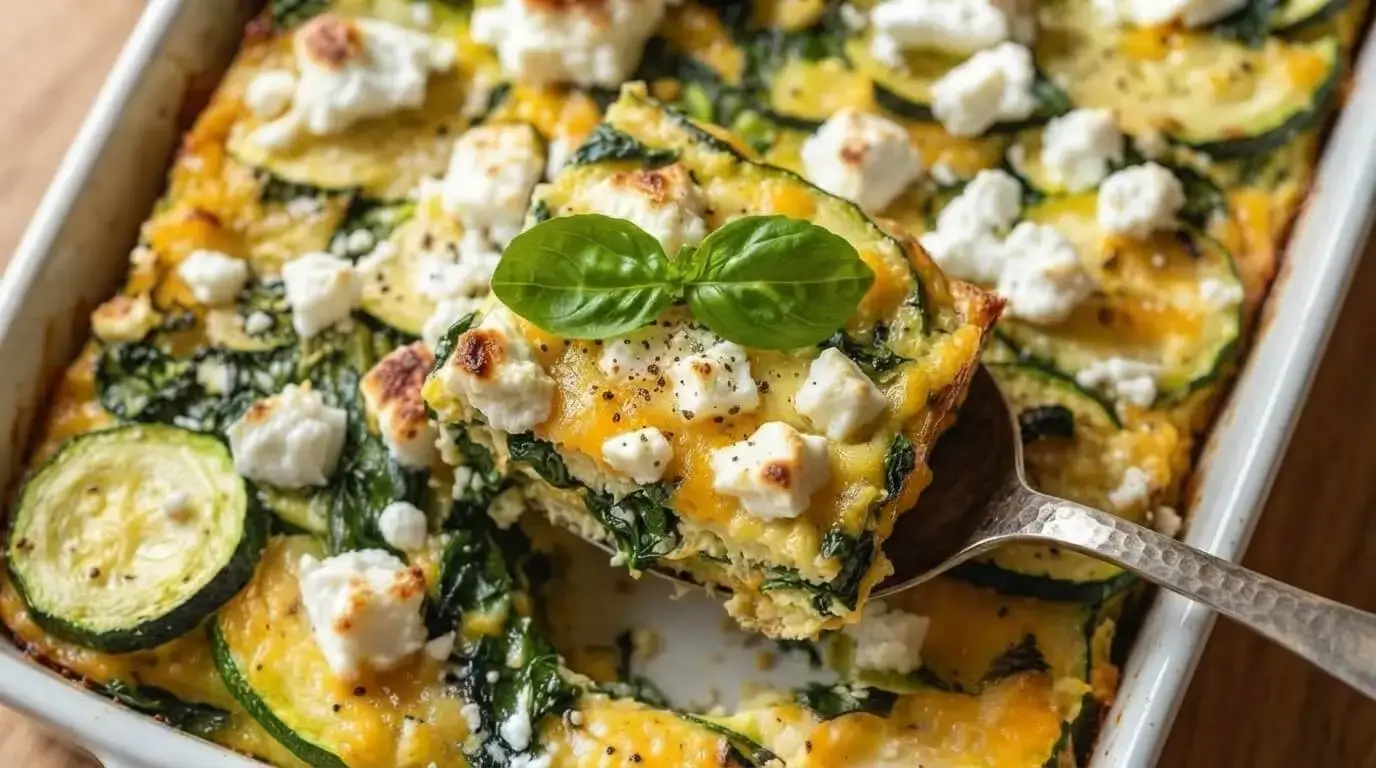 Baked zucchini, spinach and feta casserole in a white ceramic dish topped with melted golden cheese, crumbled white feta, and fresh basil.