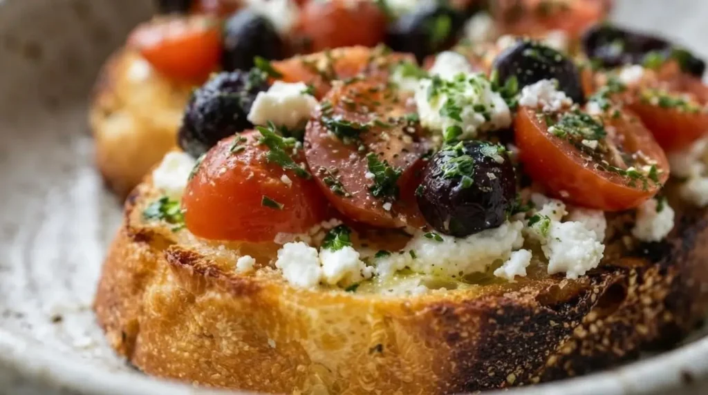 Close-up detail of crisp toasted bread topped with juicy cherry tomatoes, dark Kalamata olives, crumbled feta cheese, and herbs.