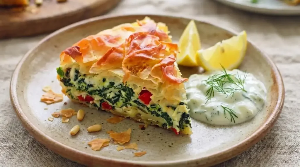 Plated wedge of crispy feta filo tart served with garlic Greek yogurt dip and lemon wedges.
