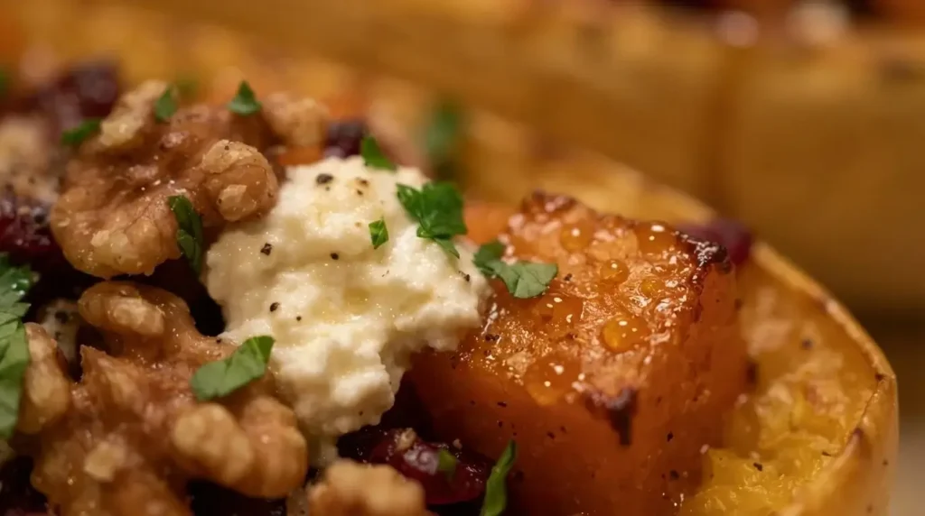 Close-up of melted Greek feta, glazed pumpkin cubes, and toasted walnuts on spaghetti squash.