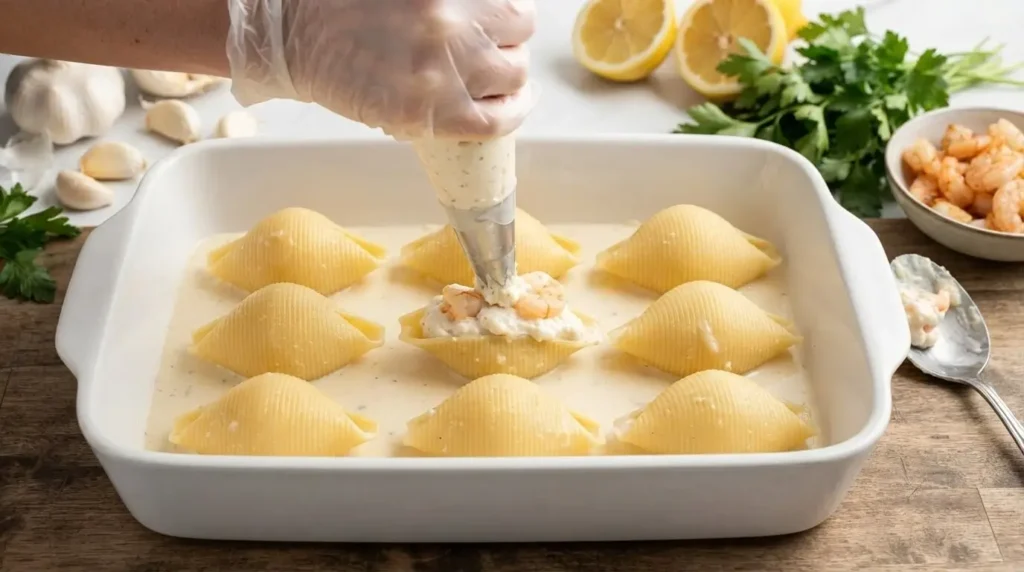 Hand piping ricotta and shrimp filling into jumbo pasta shells during preparation of seafood stuffed shells.