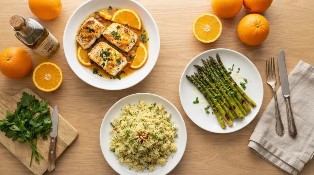 Table setting with fish fillets in orange sauce served alongside couscous and roasted asparagus.