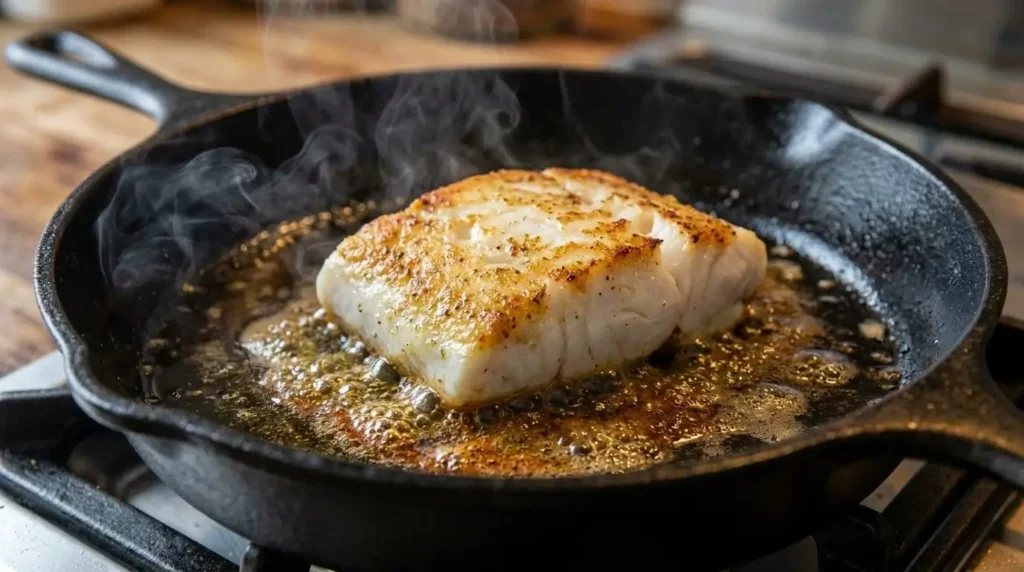 White fish fillet searing in extra virgin olive oil in a hot cast iron skillet.