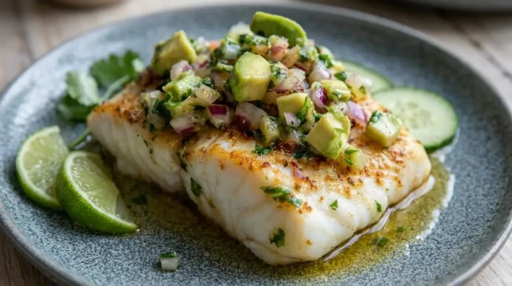 Pan-seared white fish fillet topped with fresh avocado cucumber salsa and lime wedges on a rustic gray plate.