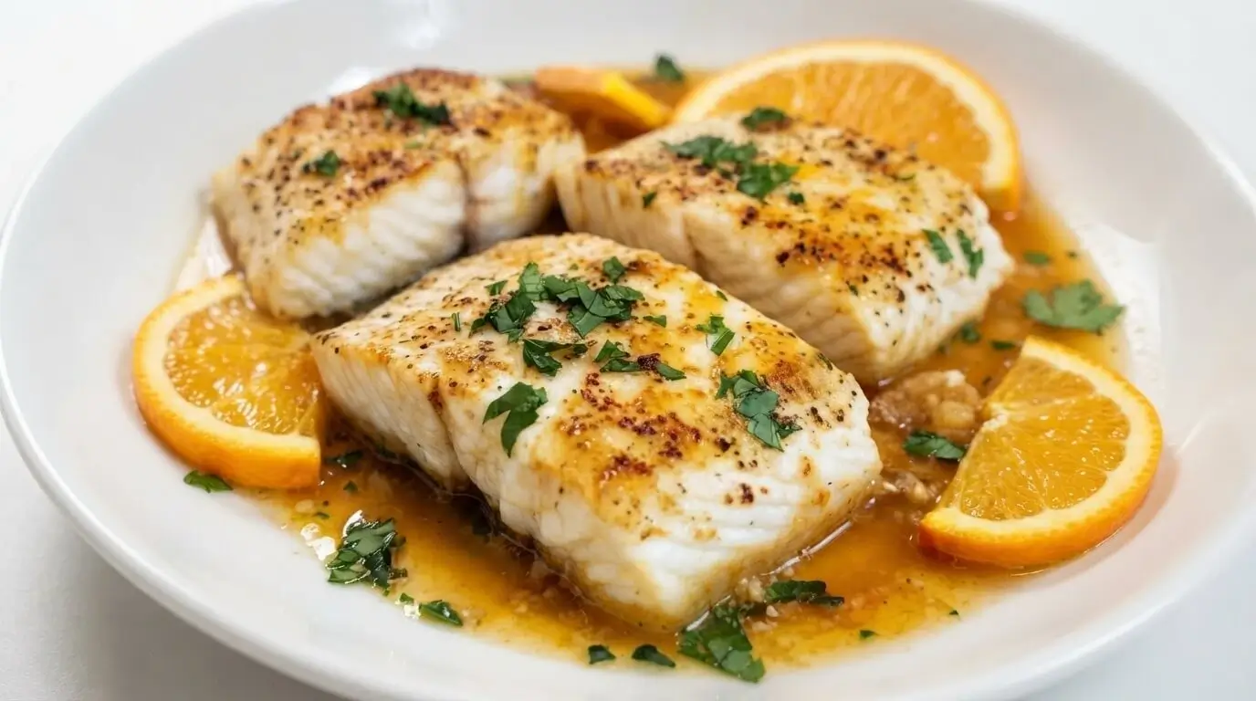 Pan-seared white fish fillets in orange sauce garnished with fresh parsley and orange slices in a white shallow bowl.