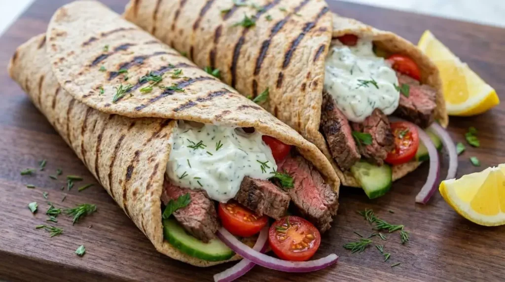 Two Greek flank steak gyros wrapped in grilled whole-wheat flatbread with cool tzatziki, tomatoes, red onion, and cucumber on a wooden board.