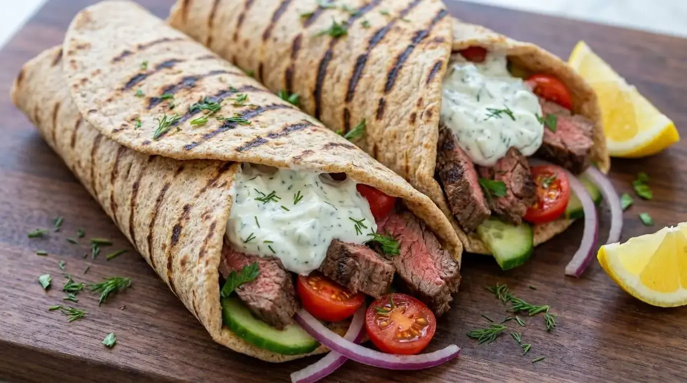 Two Greek flank steak gyros wrapped in grilled whole-wheat flatbread with cool tzatziki, tomatoes, red onion, and cucumber on a wooden board.
