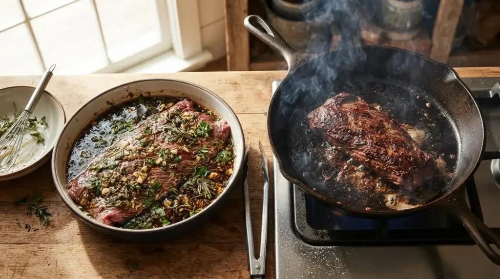 Flank steak marinating in balsamic vinegar, garlic, and extra virgin olive oil next to a cast-iron skillet.