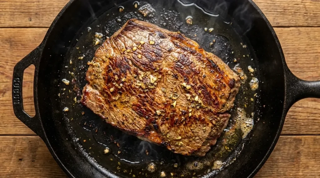 Marinated flank steak searing in a hot cast-iron skillet to create dark charred edges for Greek gyros.