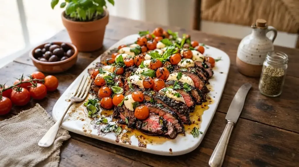 Platter of sliced Balsamic Caprese Grilled Flank Steak topped with blistered cherry tomatoes, mozzarella pearls, basil, and balsamic reduction.