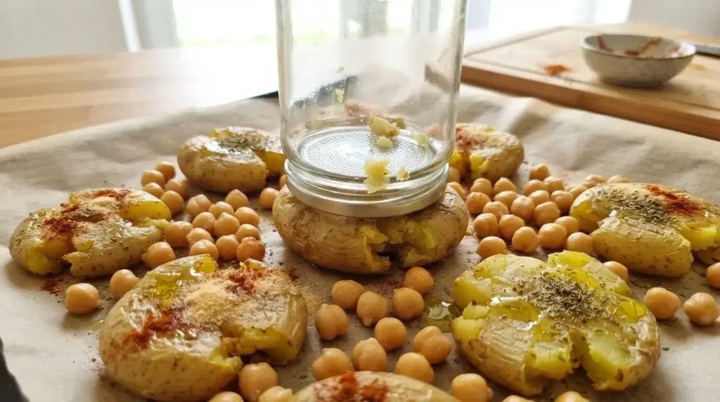 Step-by-step process of flattening baby potatoes on a parchment-lined baking pan for smashed potato salad.