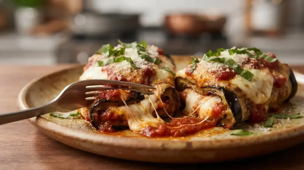 A fork cutting into a baked eggplant roll-up with melted stringy mozzarella and marinara sauce on a plate.