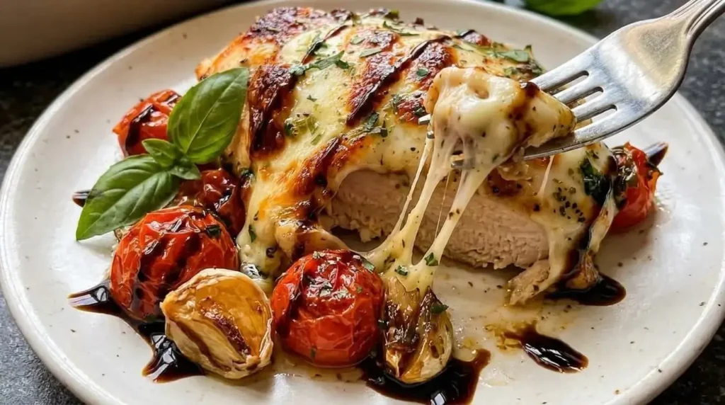 Plated slice of baked Caprese mozzarella chicken with melted cheese pull, burst tomatoes, and balsamic glaze.