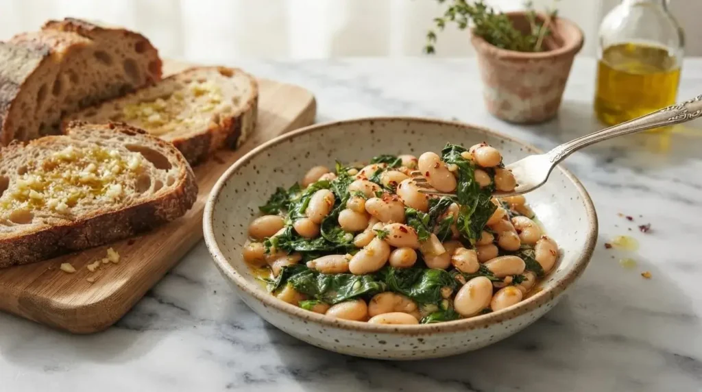 Warm Mediterranean spinach and white beans skillet served with toasted sourdough bread for dipping.
