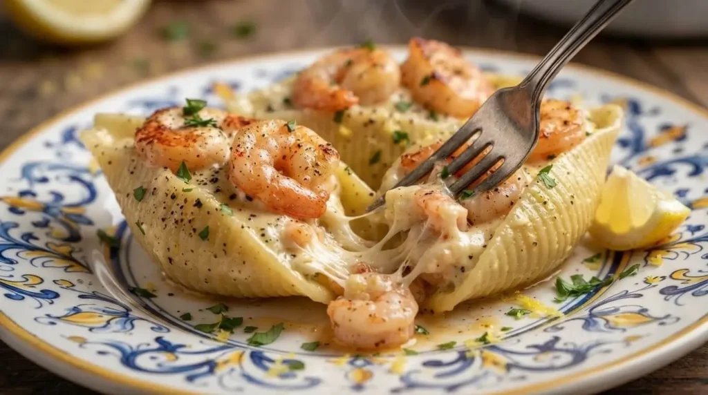Close-up of plated creamy garlic seafood stuffed shell showing melted mozzarella cheese pull and juicy shrimp.