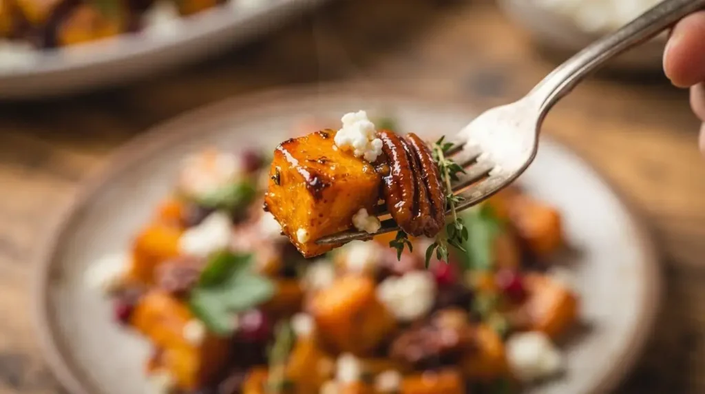 Close-up of a fork holding a caramelized maple roasted sweet potato cube with creamy feta cheese and toasted pecan