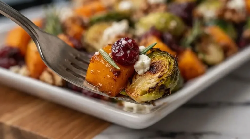 Close-up bite of roasted butternut squash, crispy Brussels sprout, feta cheese, and cranberry on a fork.