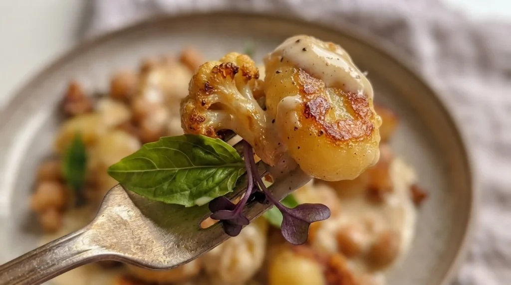 Close up view of crispy pan fried gnocchi and caramelized cauliflower floret in garlic sauce.