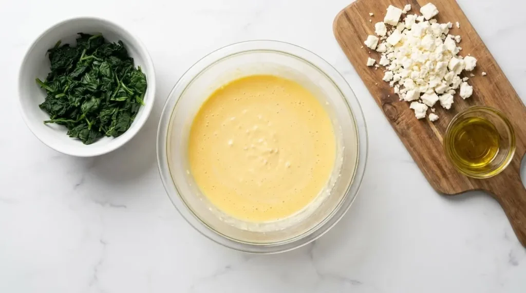 Glass bowl containing blended cottage cheese egg base next to squeezed dry spinach and crumbled feta for a frittata recipe.