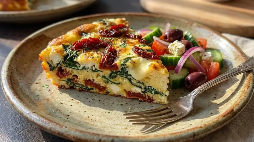 Slice of Sun-Dried Tomato, Spinach and Goat Cheese Frittata served on a plate with side salad.