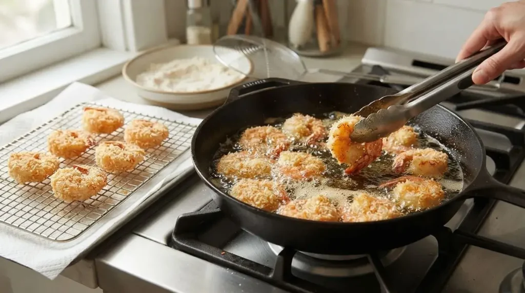 Frying cornstarch dredged shrimp in shallow olive oil in a cast-iron skillet until crispy golden brown.