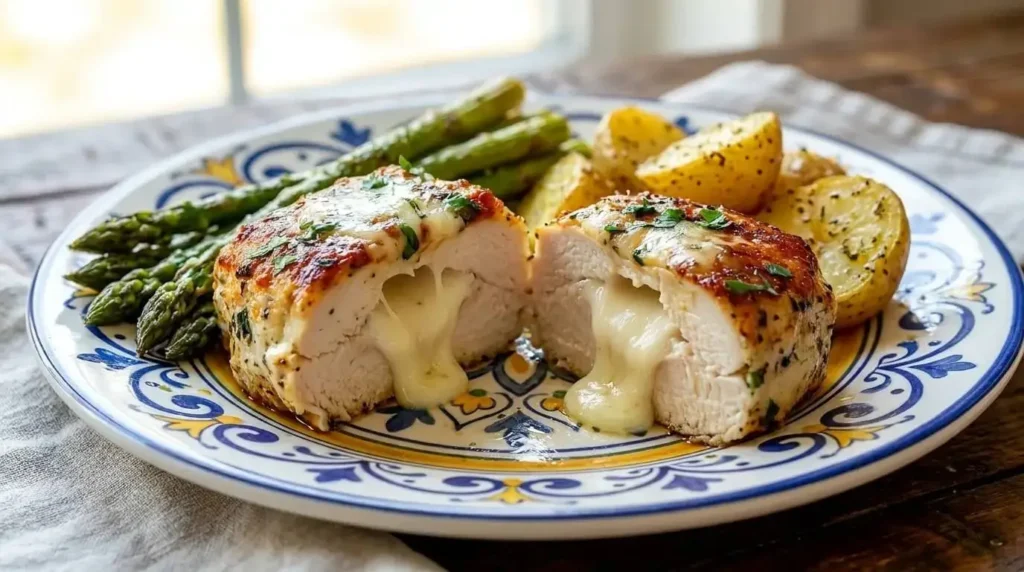 Sliced Garlic Butter Baked Mozzarella Chicken Breast served with roasted vegetables on a plate.