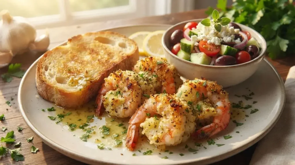Serving plate with baked garlic butter stuffed shrimp rolls, toasted sourdough bread, and lemon wedges.