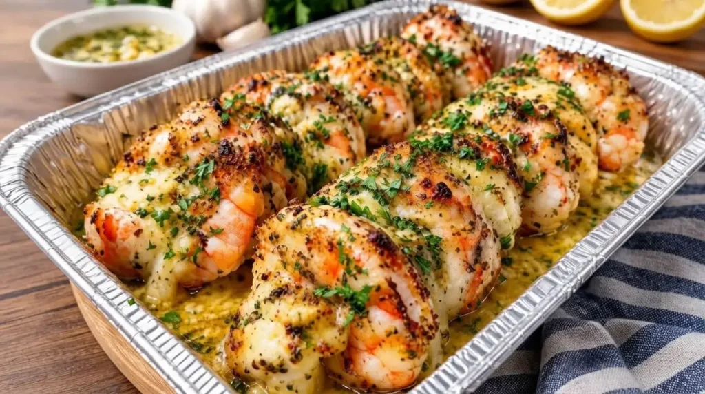 Baked garlic butter stuffed shrimp rolls arranged in rows in a foil pan with golden breadcrumbs and parsley garnish.