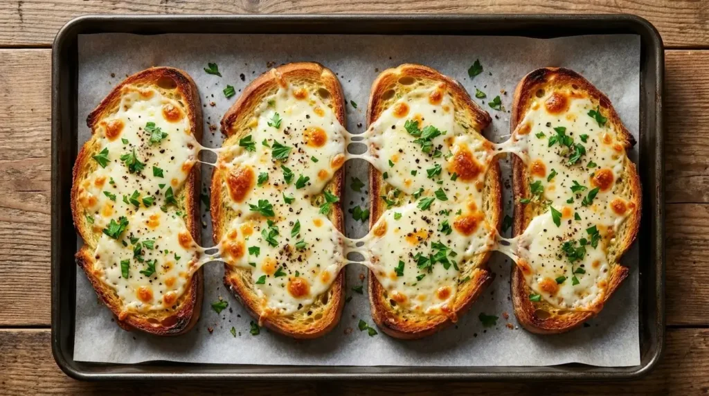 Golden Mediterranean garlic cheese bread slices topped with blistered melted mozzarella, Pecorino cheese, and chopped green parsley on baking paper.