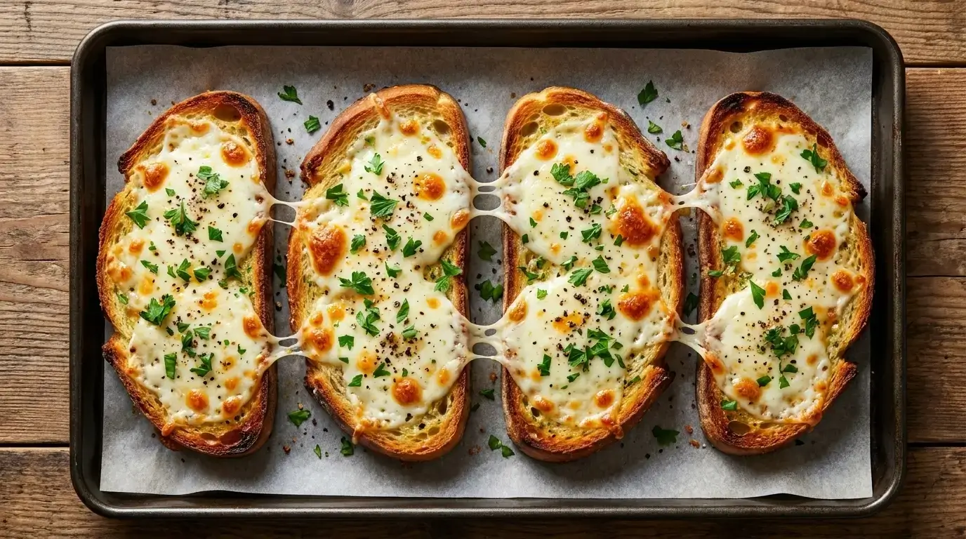 Golden Mediterranean garlic cheese bread slices topped with blistered melted mozzarella, Pecorino cheese, and chopped green parsley on baking paper.