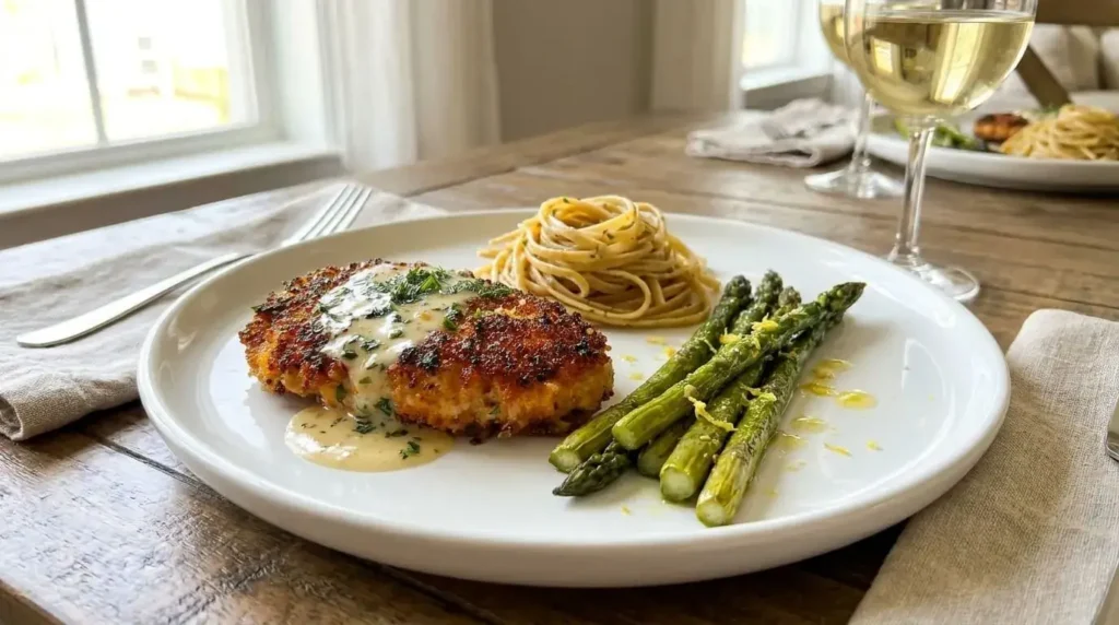 Plated garlic parmesan chicken cutlet served with roasted asparagus and lemon herb pasta.