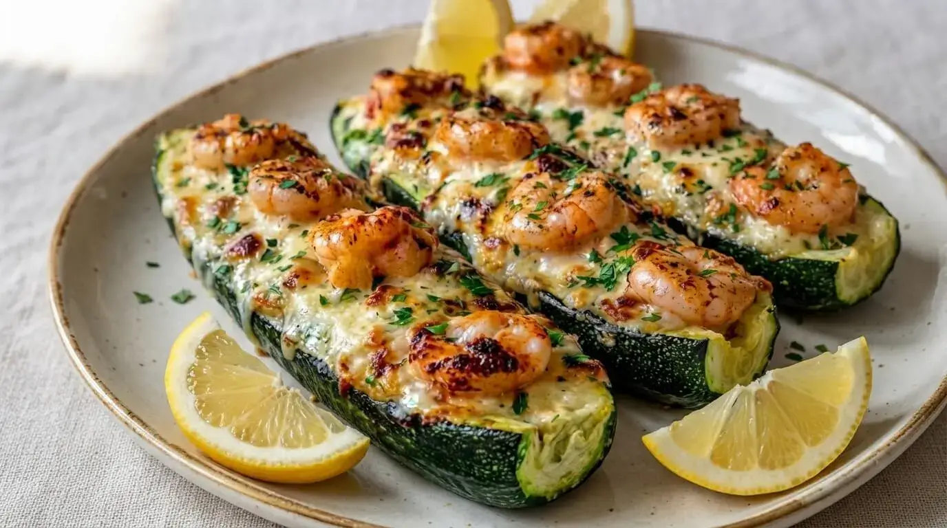 Garlic Shrimp Stuffed Zucchini Boats topped with melted cheese, parsley, and lemon wedges on a ceramic plate.