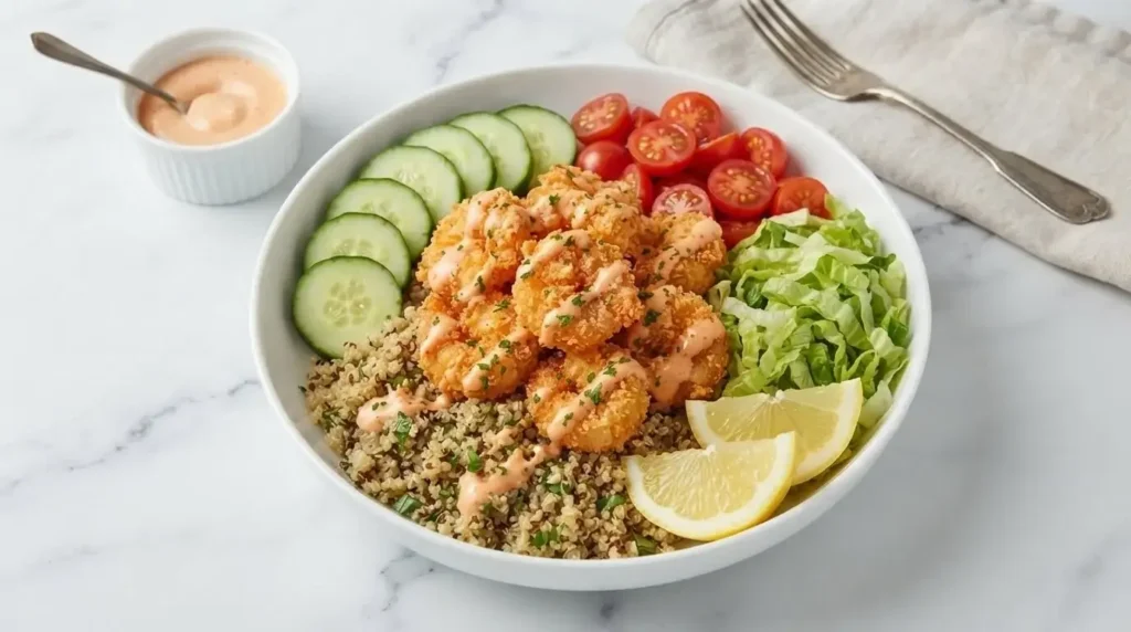 Mediterranean grain bowl topped with fried shrimp coated in bang bang sauce, cucumbers, tomatoes, and quinoa.