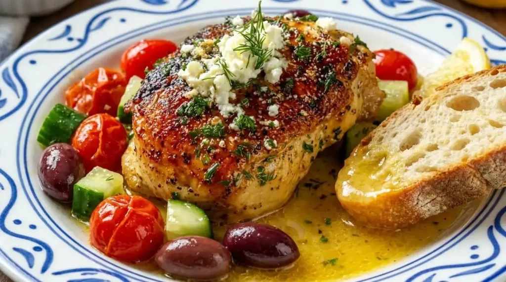 Plated portion of Greek chicken with lemon feta, olives, tomatoes, and crusty bread.