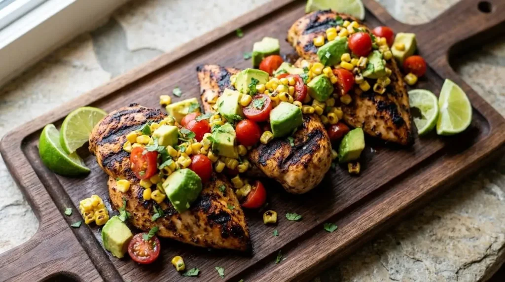 Juicy grilled chicken breasts topped with fresh avocado corn salsa and lime wedges on a wooden board.