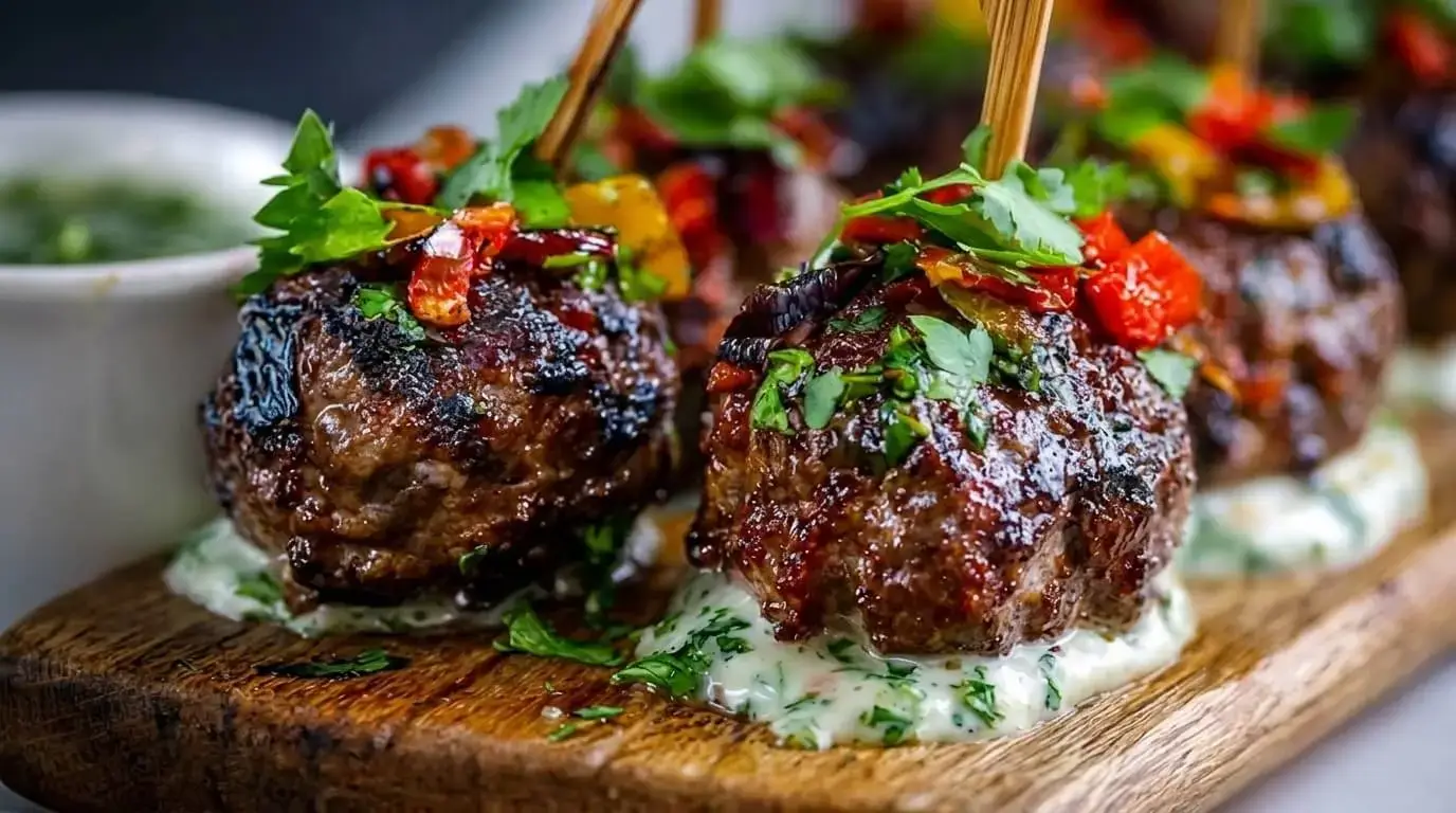 Juicy grilled Mediterranean meatball skewers served on dollops of fresh tzatziki sauce with diced red and yellow bell pepper relish.