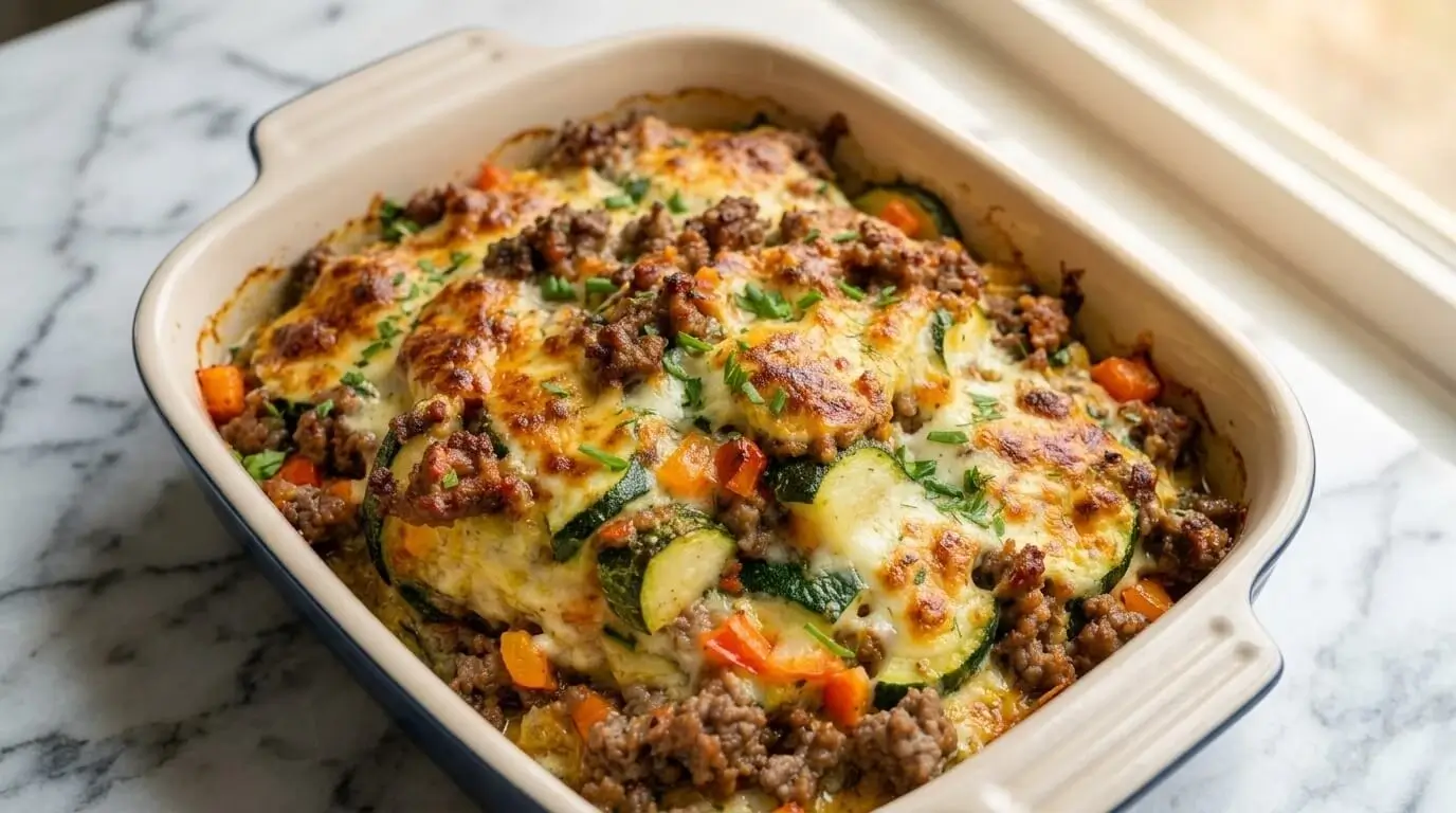 Freshly baked Ground Beef and Zucchini Casserole topped with golden melted cheese and fresh parsley in a ceramic dish.