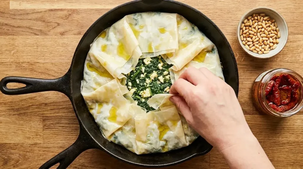 Hands folding and ruffling delicate filo pastry sheets over spinach and feta filling in a round pan.