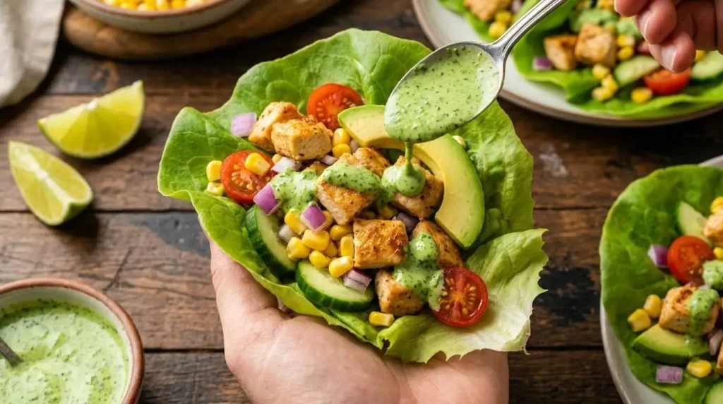 A hand holding a Chicken Avocado Lettuce Wrap topped with colorful veggies and drizzled with green Greek yogurt sauce.
